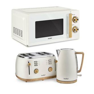 VonShef Fika 1.7L Kettle, 4 Slice Toaster & 20L Microwave Set in Cream