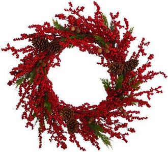 Nearly Natural 34-in Cypress Artificial Wreath with Berries and Pine Cones in Red at Nordstrom