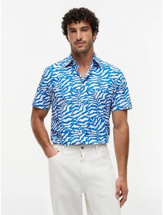 Tommy Hilfiger Mens Palm Leaf Print Paper-Touch Shirt - Blue - XXL
