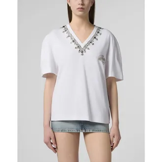 Philipp Plein Man Fit V-Neck T-Shirt Crystals Women in White at Nordstrom, Size X-Small