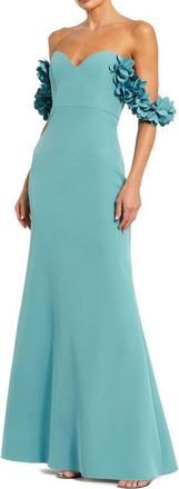 Mac Duggal Crepe Off The Shoulder Gown With 3D Flowers in Teal at Nordstrom, Size 12