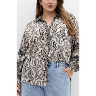 City Chic Lylah Mixed Print Long Sleeve Button-Up Shirt at Nordstrom, Size Xxl