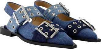 Ganni Womens Buckle-Embellished Cotton Flat Blue