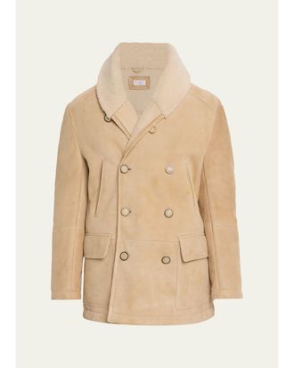 Brunello Cucinelli Mens Shearling Double-Breasted Shearling Aviator Coat