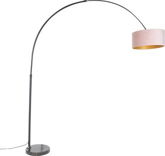 QAZQA Qazqa L&aacute;mpara De Arco Con Pantalla De Terciopelo Negro Rosa Con Dorado 50 Cm - Xxl Acero /m&aacute;rmol /textil Alargada /cil&iacute;ndra /redonda Adecuado Para Led