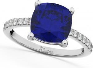 Allurez Cushion Cut Lab Blue Sapphire & Diamond Engagement Ring 14k White Gold (2.81ct)