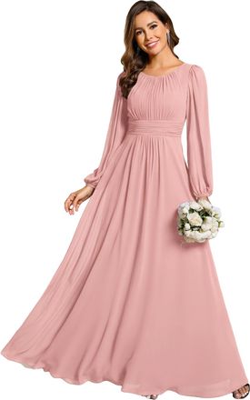 Ever-pretty Womens Bright Round Neck Long Sleeve Chiffon Floor Length Evening Dresses Dusty Rose 22
