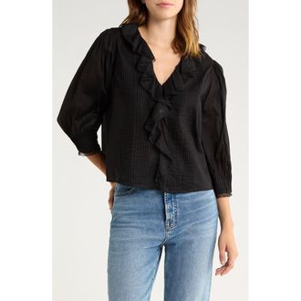 Rails Mare Ruffle Cotton Button-Up Top in Black at Nordstrom Rack, Size X-Large