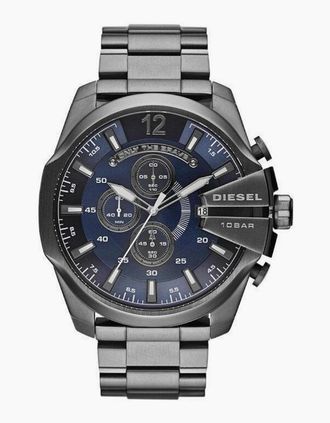Diesel Mens Diesel DZ4329 Mega Chief Chronograph Blue Dial Gunmetal Ion-plated Mens Watch - Silver/Blue