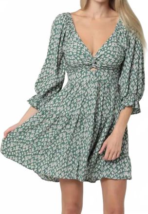 Angie Cactus Print Long Sleeve V-Neck Twist Front Cut Dress In Dusty Spruce