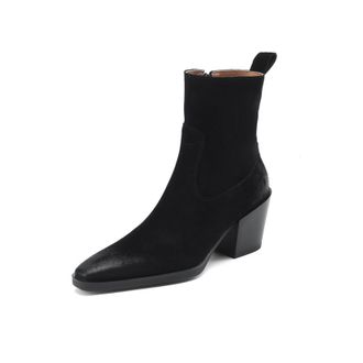 Generic Womens Pointed Toe Ankle Boots Suede Upper Western Style Block Heels Slip On Pull Tab Soft Comfortable Cushioned Insole Flexible Fit Durable,Black,6.5