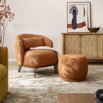 Castlery Spill-Resistant Curved Winged Boucle Armchair with Ottoman - Brown | Avery by Castlery