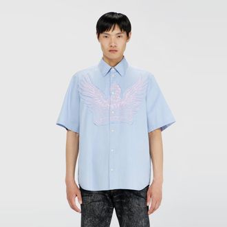 Diesel Striped poplin shirt with embroidered patch - Shirts - Man - Blue