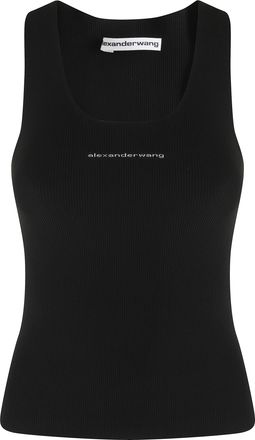 Alexander Wang Black Racer Tank Front Logo Ribbed Nylon Tank Top