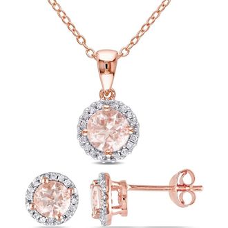 Delmar Morganite & Diamond Halo Pendant Necklace & Stud Earrings Set in Pink at Nordstrom Rack