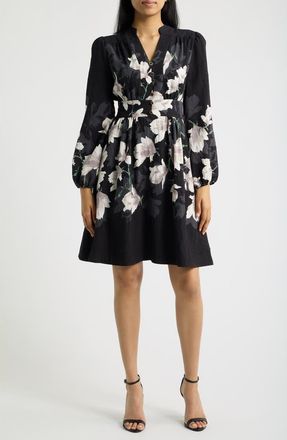 Tahari by ASL Placement Print Long Sleeve Dress in Black Ivory Print at Nordstrom, Size 12