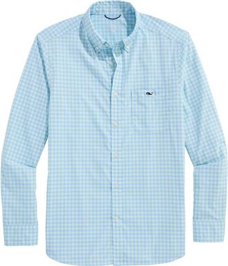 Vineyard Vines Lemon Shark Gingham Button-Down Performance Shirt in Aqua Glass at Nordstrom, Size X-Large