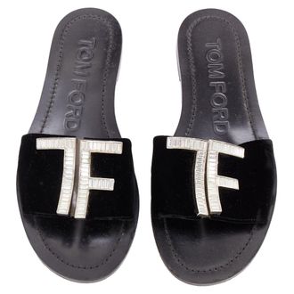 Tom Ford black velvet silver big crystal TF embellished flat sandals
