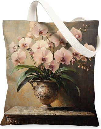 Generic Farmhouse Orchid Flower Canvas Tote Bag for Shopping 13x15, Country Floral Reusable Grocery Print Pattern Bag for Women, Farm Wildflower Beach Aesthet