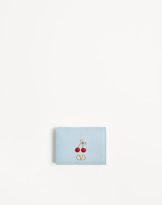 Valentino Garavani Cherryfic Wallet in Grainy Calfskin Woman PORCELAIN BLUE UNI