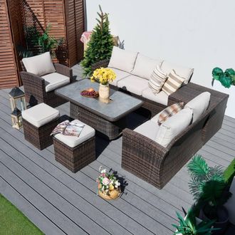 Direct Wicker Modular Rattan Sofa Set with Firepit Rising Table in Brown | Size: 9 Pack