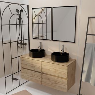 Aurlane Mueble Ba&ntilde;o 120cm 4 Cajones Roble, Lavabos Negros &Oslash;41cm, 2 Espejos 55x75