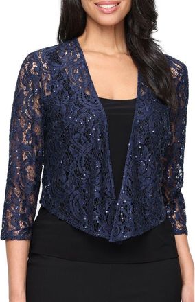 Alex Evenings Three-Quarter Sleeve Stretch Sequin Lace Coverup Jacket in Navy at Nordstrom, Size X-Large
