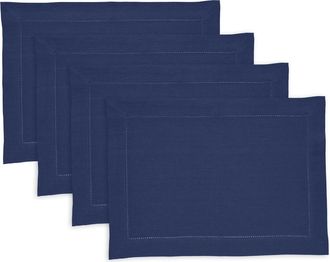 Solino Home Linen Placemats Set of 4, 14 x 19 Inch for Dining Table, Holiday and Everyday Table Decor - Medium Weight Hemstitch in Vintage Blue at