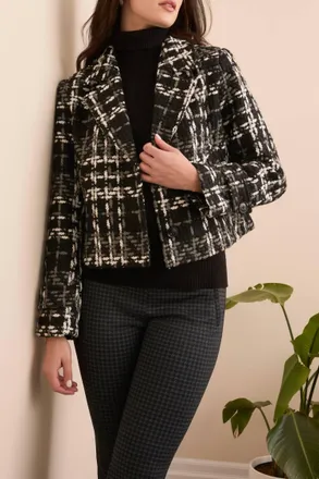 Tribal Chunky Plaid Boucle Button-Front Blazer In Black