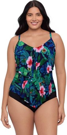 Trimshaper Ronnie 2 Tier Ruffle Tankini Swimsuit Top in Jungle Oasis at Nordstrom, Size 22W