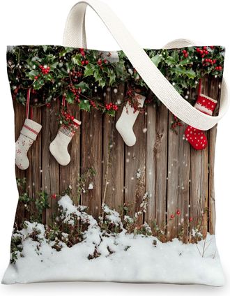 Generic Farmhouse Christmas Western Canvas Tote Bag for Shopping 13x15, Rustic Snow Scenic Xmas Reusable Grocery Print Bag for Women, Holiday New Year Beach A
