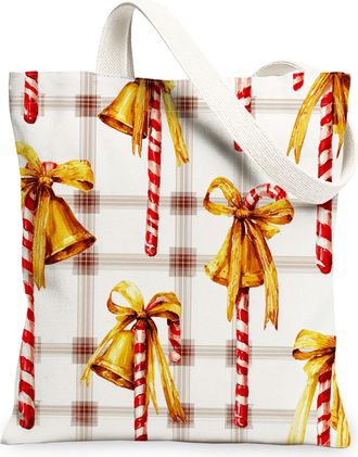 Generic Holiday Canvas Tote Bags, Festive Bell and Candy Stripe Design Reusable Shopping Bags, Classic Seasonal Lightweight Washabl, White, 13x15 Inch