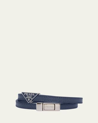 Prada Mens Saffiano Leather Logo Bracelet