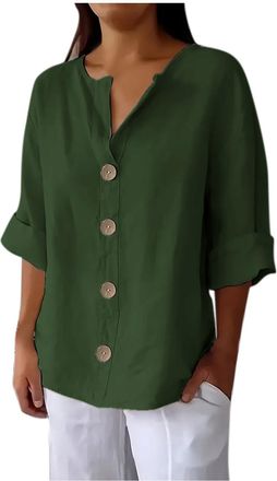 Generic Oversized T Shirts For Women Plus Size Clothes Cotton Linen 3/4 Sleeve Shirts Button Down Blouses Oversize Ladies Plus Size Tops Solid Color Thin Summ