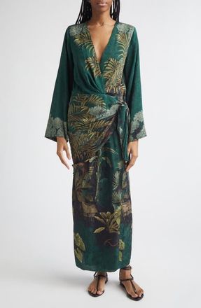 Johanna Ortiz Ollantay Floral Jacquard Long Sleeve Wrap Dress in Dark Green at Nordstrom, Size 6