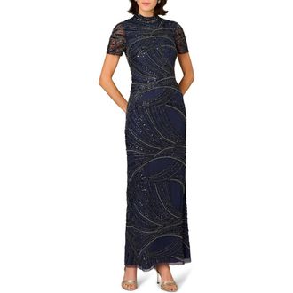Aidan Mattox Beaded Short Sleeve Gown in Navy at Nordstrom, Size 16