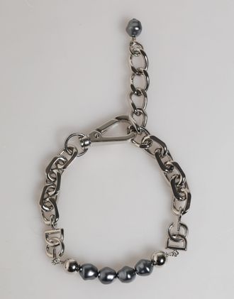 Dolce & Gabbana Zilverkleurige Ketting Karabijnsluiting Logo Grijze Parels Armband
