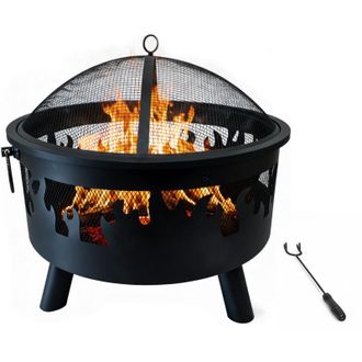 Relaxdays Braciere Relaxdays, &Oslash; 64 cm, parascintille, attizzatoio, acciaio, design a fiamma, focolare da giardino, nero