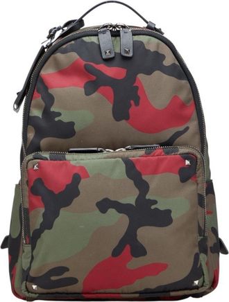 Valentino Khaki Multi-Color Red Color Nylon Leather Backpack (Pre-Owned)