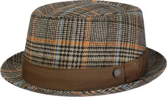 Lierys Javio Porkpie Hat Checked Wool Made in Italy Men Summer Winter Beige-Black M (56-57 cm)