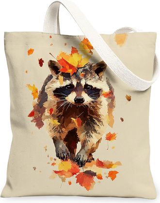 Generic Autumn Raccoon Canvas Tote Bags, Animal Design Reusable Grocery Bags, Fall Vintage Lightweight Washable Shoulder Strap Canv, Beige, 13x15 Inch