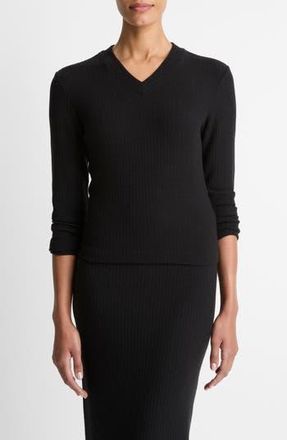 Vince Cozy Rib High V-Neck Top in Black at Nordstrom Rack, Size Medium