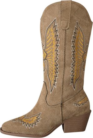 Generic Rigger Boots,Mid Calf Cowgirl Chunky Low Heel Womens Cowboy Boot Embroidery Stitched Western Shoes for Party and Dress Up Point Toe Shoes Womens Cowgi