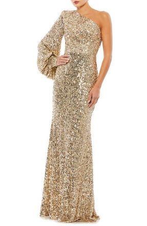 Mac Duggal Sequined One Shoulder Bishop Sleeve Trumpet Gown in Gold at Nordstrom, Size 12