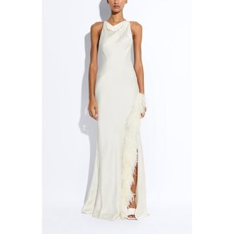 Sally Lapointe Satin Halter Gown With Feathers in Cream at Nordstrom, Size 10