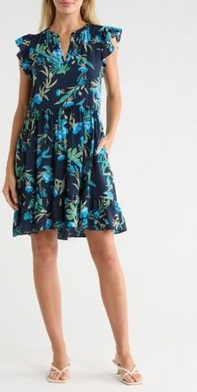 Caslon Print Ruffle Shoulder Minidress in Navy- Blue Willoughby Flrl at Nordstrom Rack, Size Medium