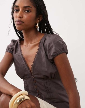 Motel Ilias - Blusa con scollo profondo e bottoni color pepe-Marrone