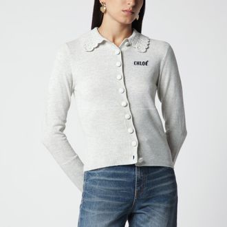 Chlo&eacute; Cardigan aderente con logo in maglia di lana grigio