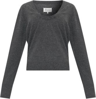 Maison Margiela Wool Sweater - Dames - V-hals truien - Grijs - M - Wol - Truien & Vesten