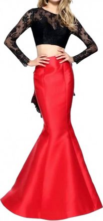 Sherri Hill Mermaid Lace Two Piece Gown In Black Red